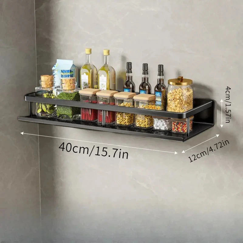 Kitchen Shelf Spice Storage Rack Wall-Mounted with Spatula, Spoon Hooks & Towel Bar