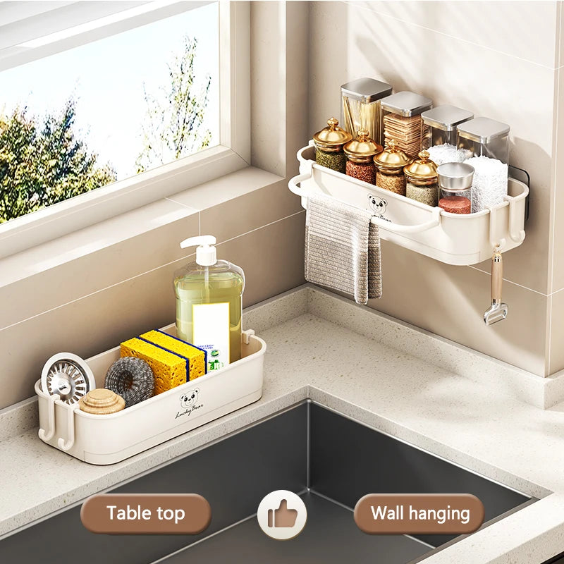 Kitchen Sink Caddy – Sponge Holder with Hooks, Divider & Soap Dispenser Brush Organizer