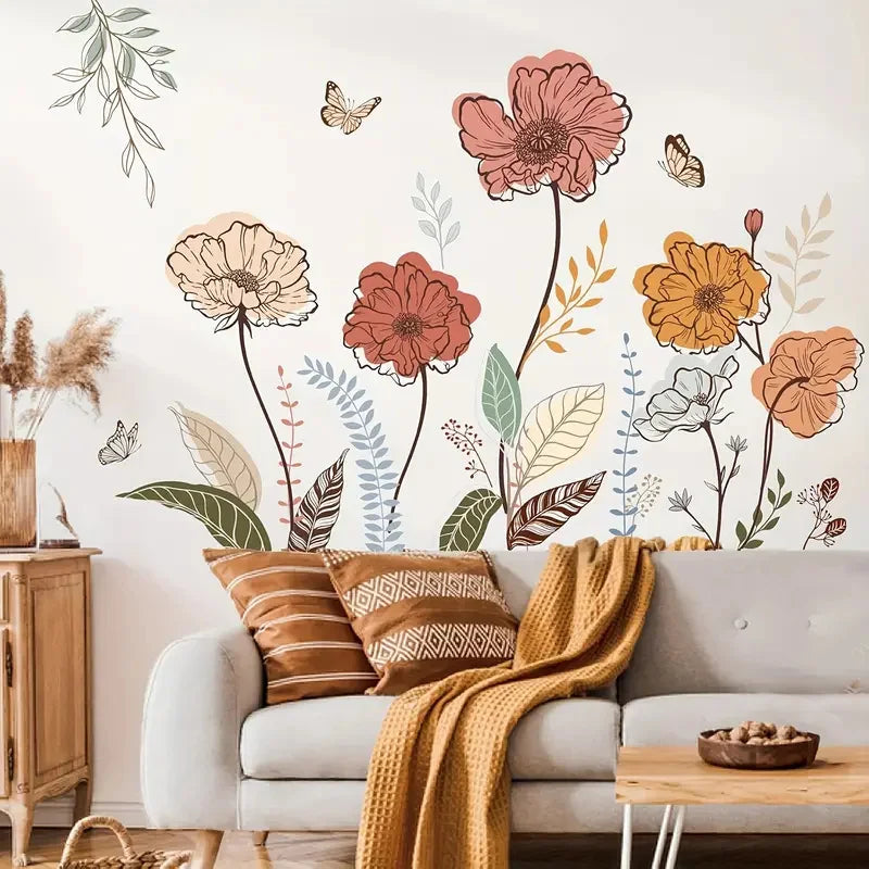 Boho Style Watercolor Floral Wall Stickers – Decorative Flower Murals for Living Room, Bedroom, and Baseboard