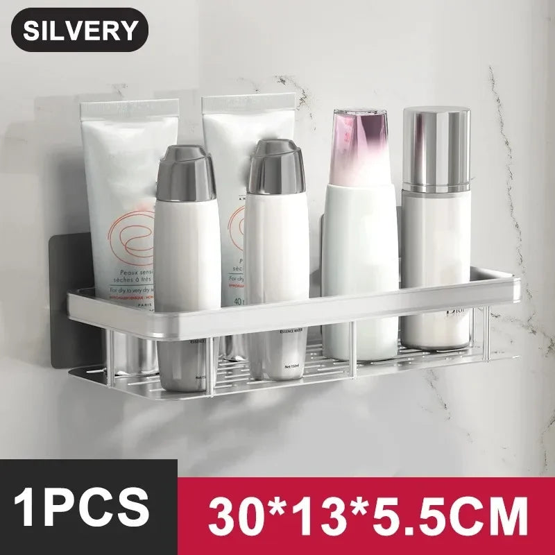 No-Drill Aluminum Bathroom & Kitchen Shelf – Wall-Mounted Shower & Storage Organizer