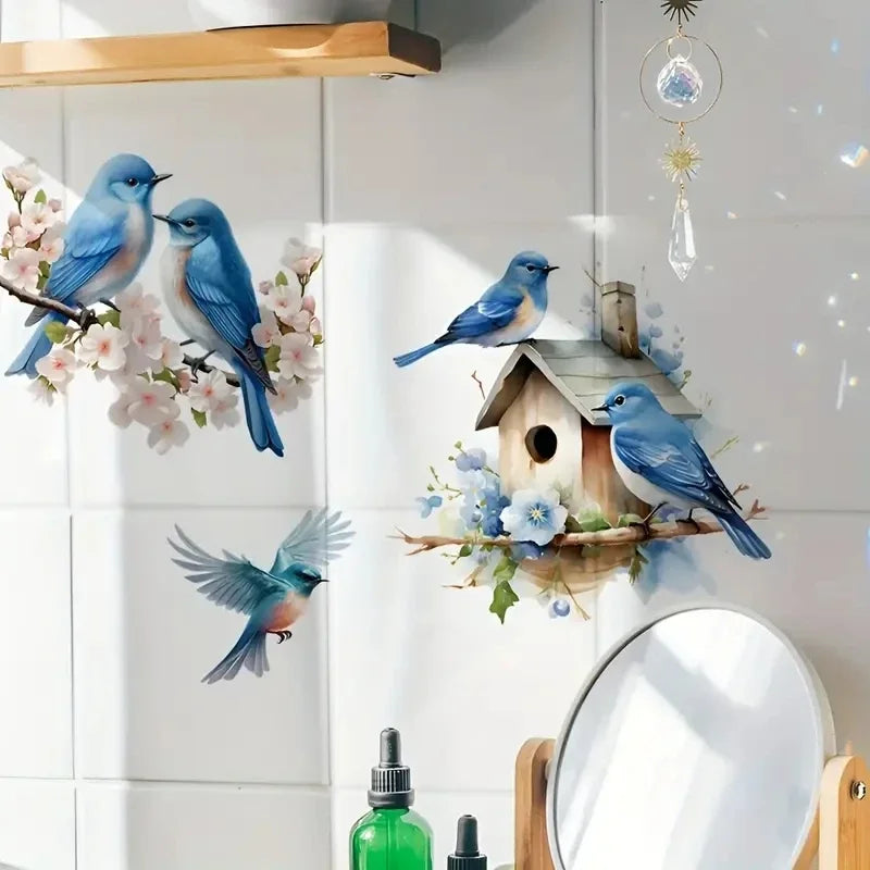 Blue Bird Nest Wall Sticker – Removable Plant & Flower Design for Bathroom, Toilet, Refrigerator & Home Decor