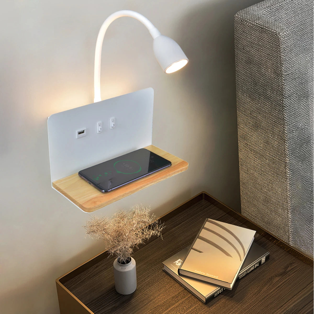 Modern 360° Rotatable LED Wall Lamp with USB Interface and Wireless Charging - Bedside Night Light with Switch