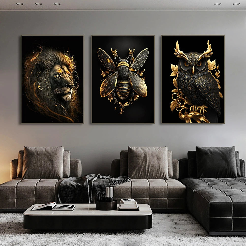 Black Gold Eagle Lion Canvas Painting Metal Poster Wall Art