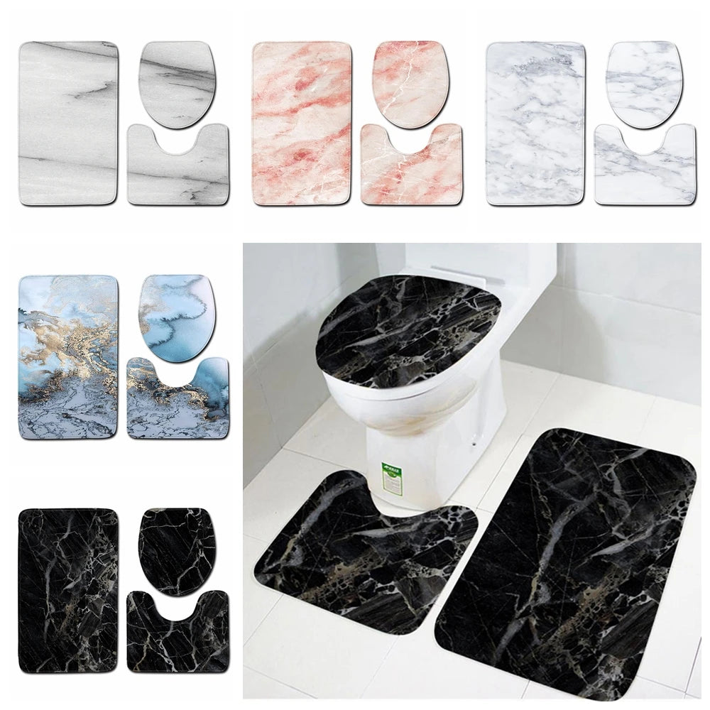 3PCS Marble Bath Mat Set – Anti-Slip Bathroom Rugs with Toilet Lid Cover & Pedestal Rug