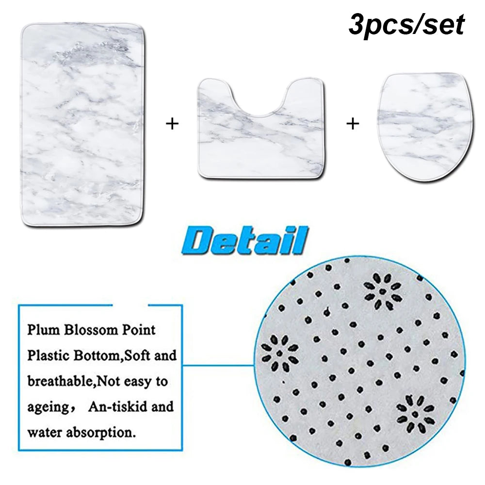 3PCS Marble Bath Mat Set – Anti-Slip Bathroom Rugs with Toilet Lid Cover & Pedestal Rug