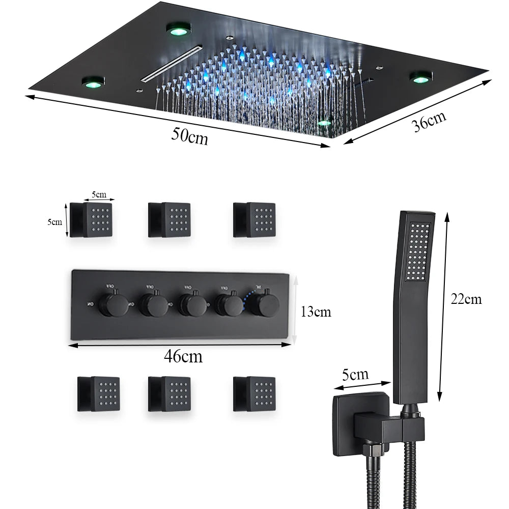 Luxury Black LED Constant Temperature Shower Faucet with Color Changing Rainfall and Waterfall System