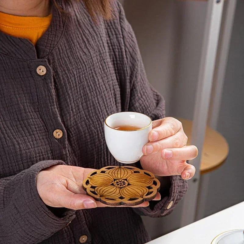 Creative Lotus Flower Drink Coasters – Bamboo Round Cup Mats for Tea, Coffee, & Mug Placemat