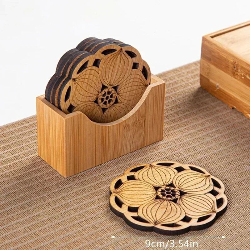 Creative Lotus Flower Drink Coasters – Bamboo Round Cup Mats for Tea, Coffee, & Mug Placemat