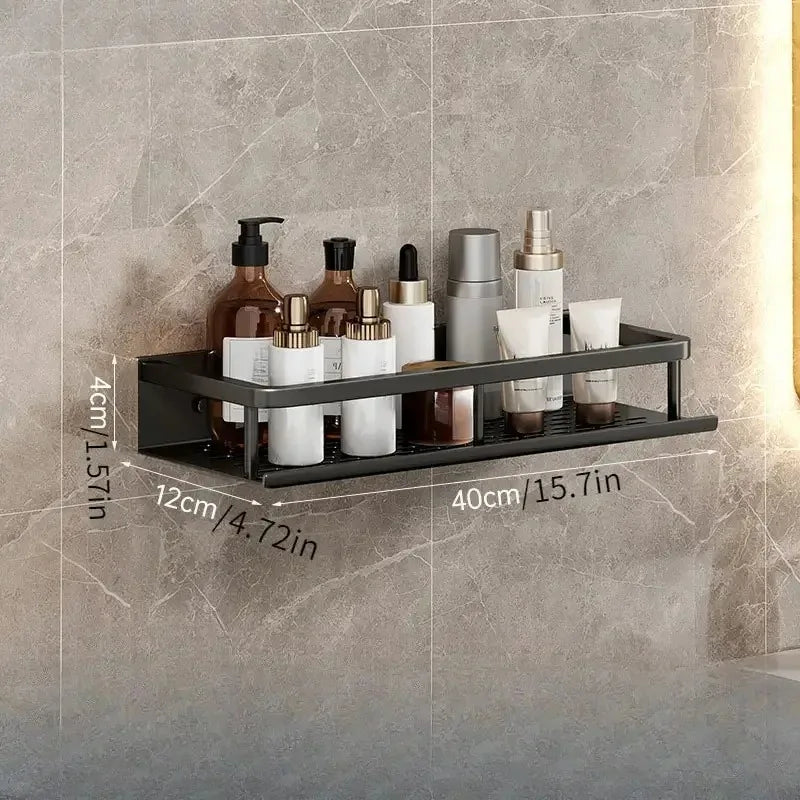 Black Bathroom Shower Room Storage Rack – Single Tier Toiletries Shelf for Bathroom Storage