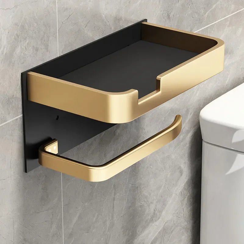 Black & Gold Wall-Mounted Toilet Paper Holder – Multifunctional Bathroom Shelf for Paper Roll & Phone Storage