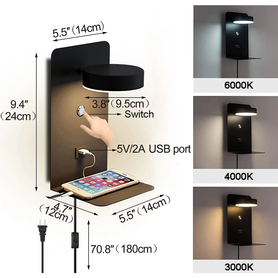 LED Wall Lamp with Switch and USB Charging Port: Modern Art Lighting