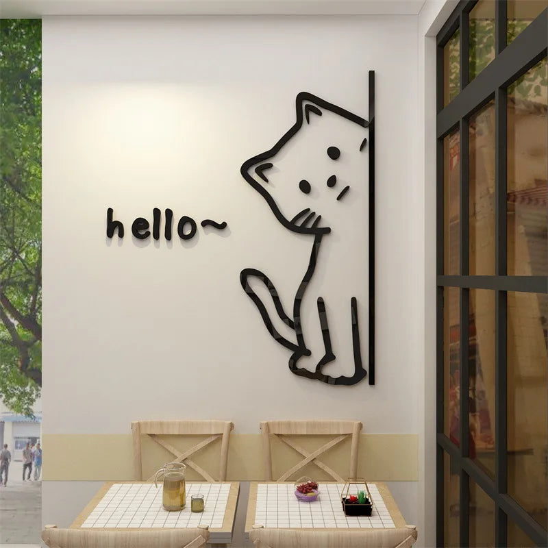 3D Acrylic Hello Bear & Cute Kitten Wall Stickers – Waterproof Animal Decorations for Windows, Doors & Smooth Surfaces