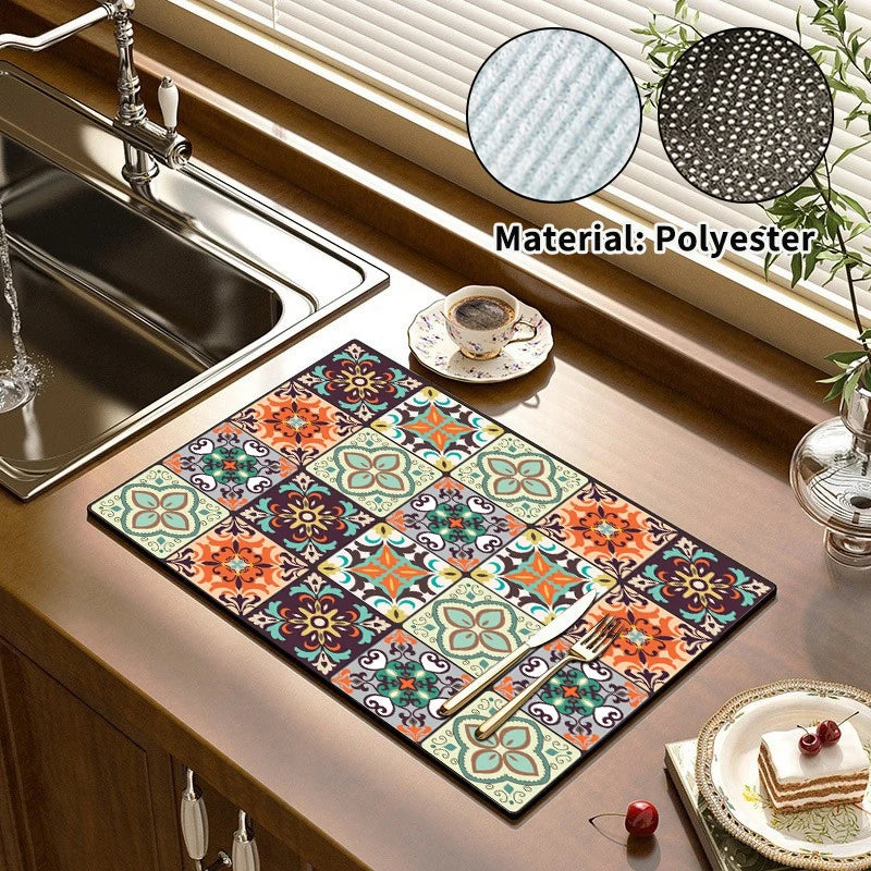 Retro-Style Absorbent Dish Drying Mat – Crystal Velvet Drainage Pad for Kitchen & Bathroom