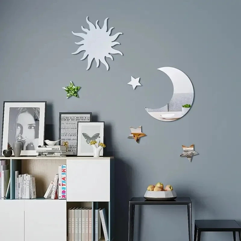 6PCS Star & Moon Acrylic Mirror Wall Stickers – Modern DIY Home Décor for Living Room & Bedroom