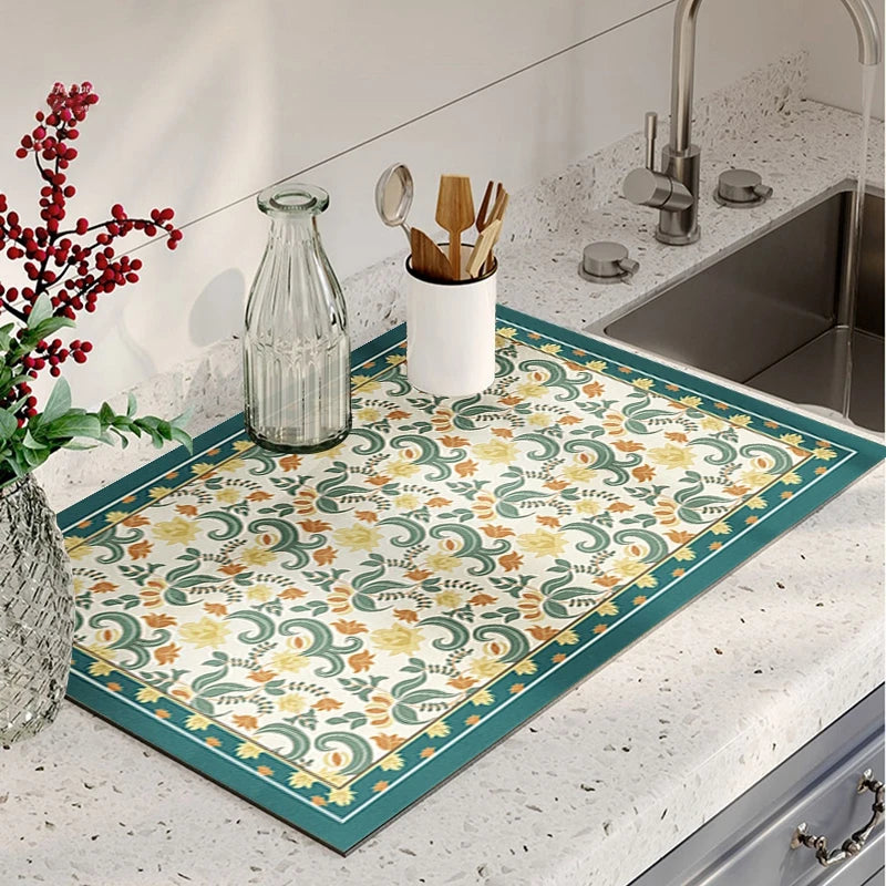 Retro-Style Absorbent Dish Drying Mat – Crystal Velvet Drainage Pad for Kitchen & Bathroom