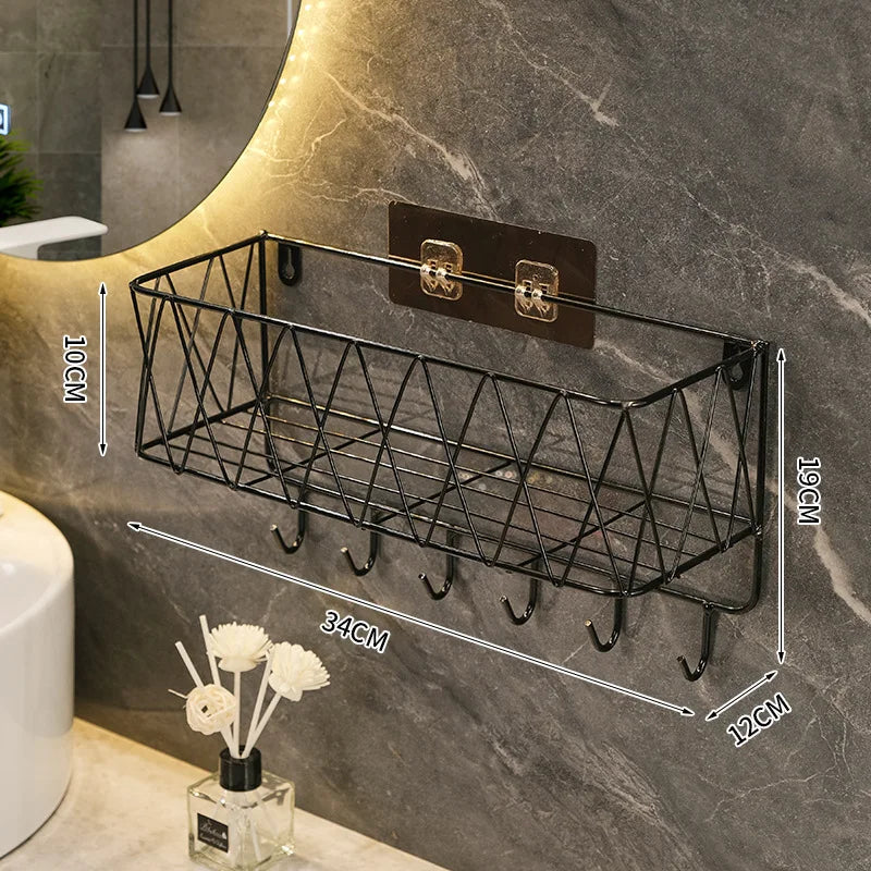 Wall-Mounted Rustproof Bathroom Shelf – No-Drill Iron Storage Rack with Hooks for Toiletries & Shower Essentials