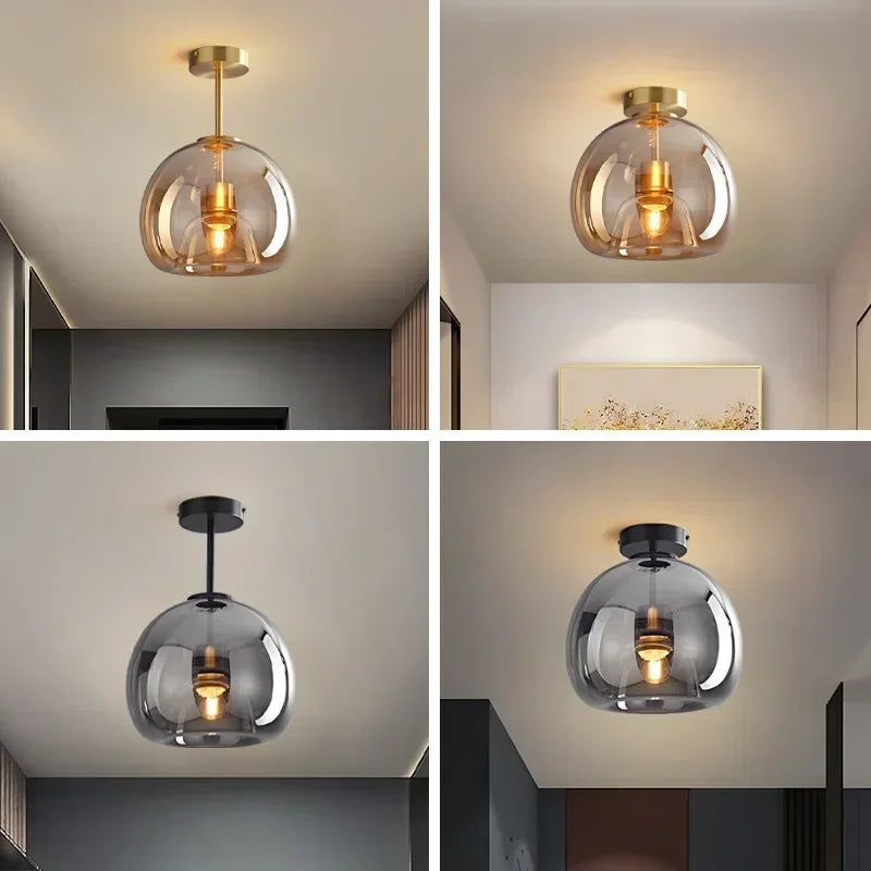 Modern Cognac Glass Ceiling Light – Nordic LED Fixture for Living and Dining Rooms