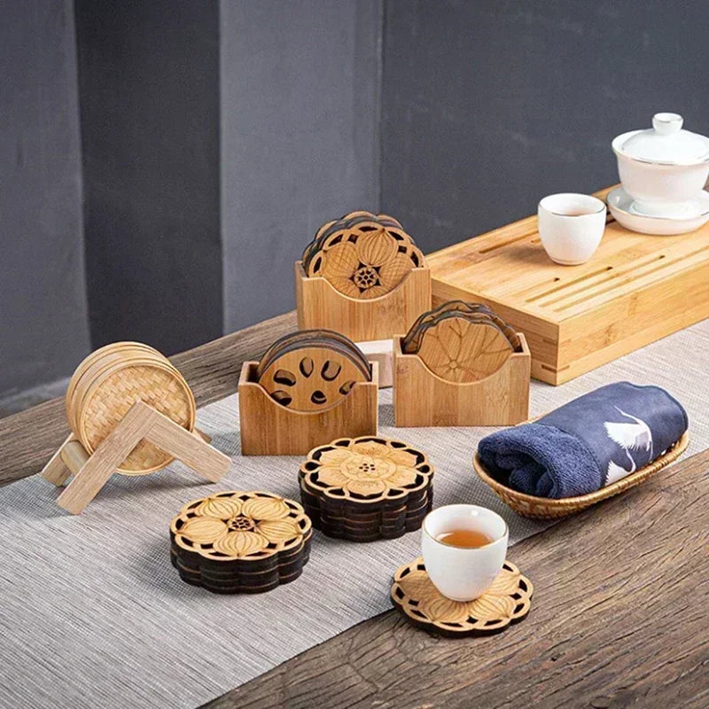 Creative Lotus Flower Drink Coasters – Bamboo Round Cup Mats for Tea, Coffee, & Mug Placemat