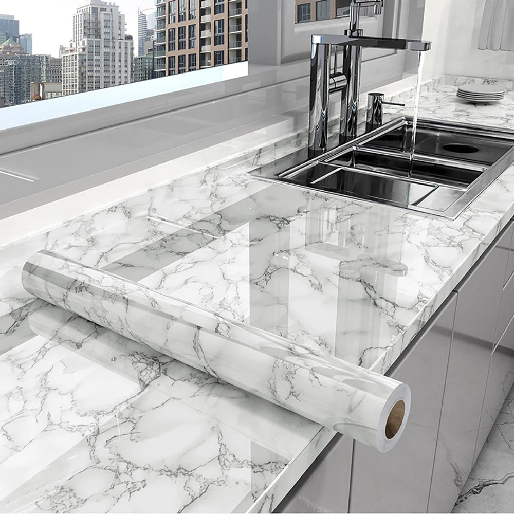 Self-Adhesive Oil-Proof Kitchen Wallpaper – Waterproof Marble Cabinet & Stove Cover