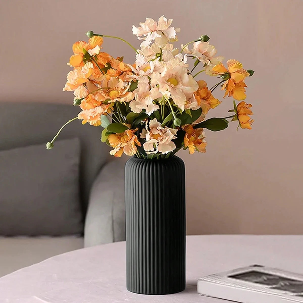 Striped Ceramic-Style Plastic Vase - Decorative Flower Arrangement Display