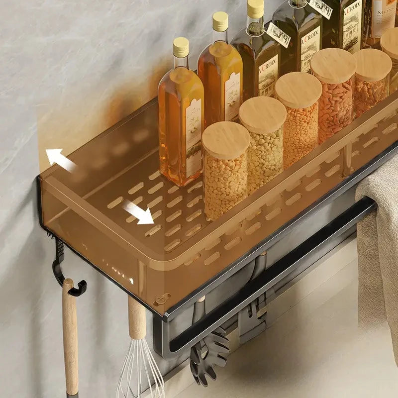 Kitchen Shelf Spice Storage Rack Wall-Mounted with Spatula, Spoon Hooks & Towel Bar