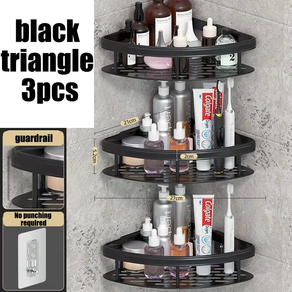 Wall-Mounted Aluminum Shampoo Rack – Bathroom Organizer with Towel Bar & Corner Shelf