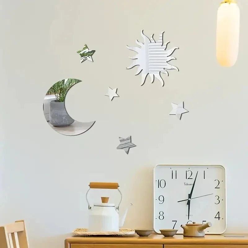 6PCS Star & Moon Acrylic Mirror Wall Stickers – Modern DIY Home Décor for Living Room & Bedroom