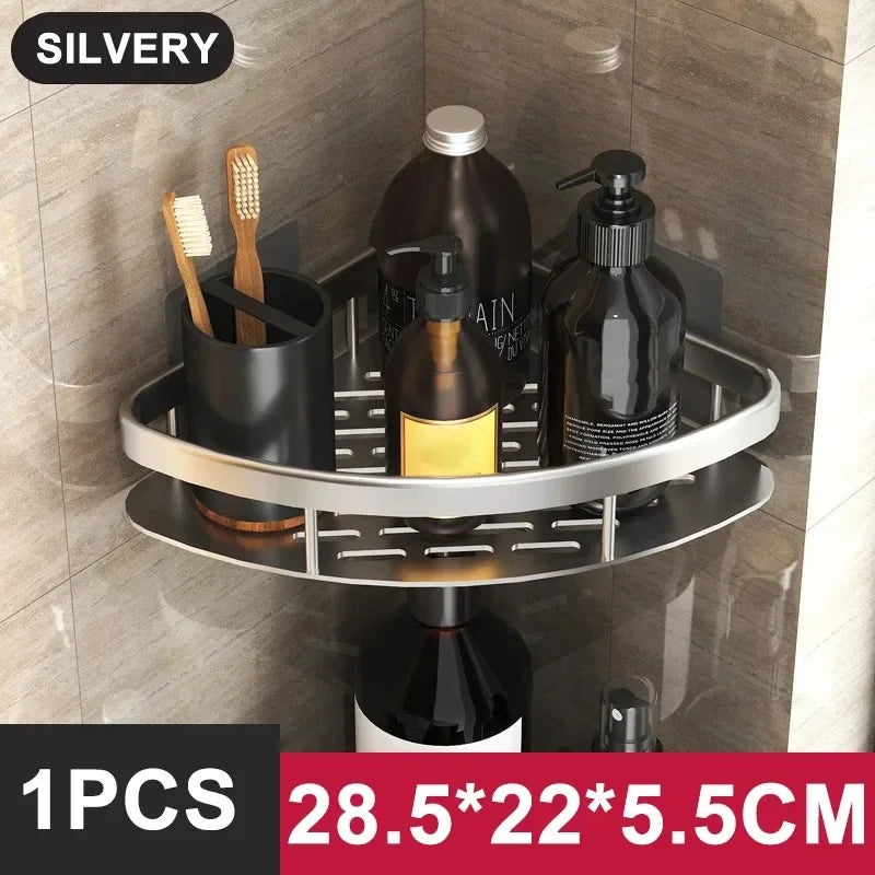 No-Drill Aluminum Bathroom & Kitchen Shelf – Wall-Mounted Shower & Storage Organizer