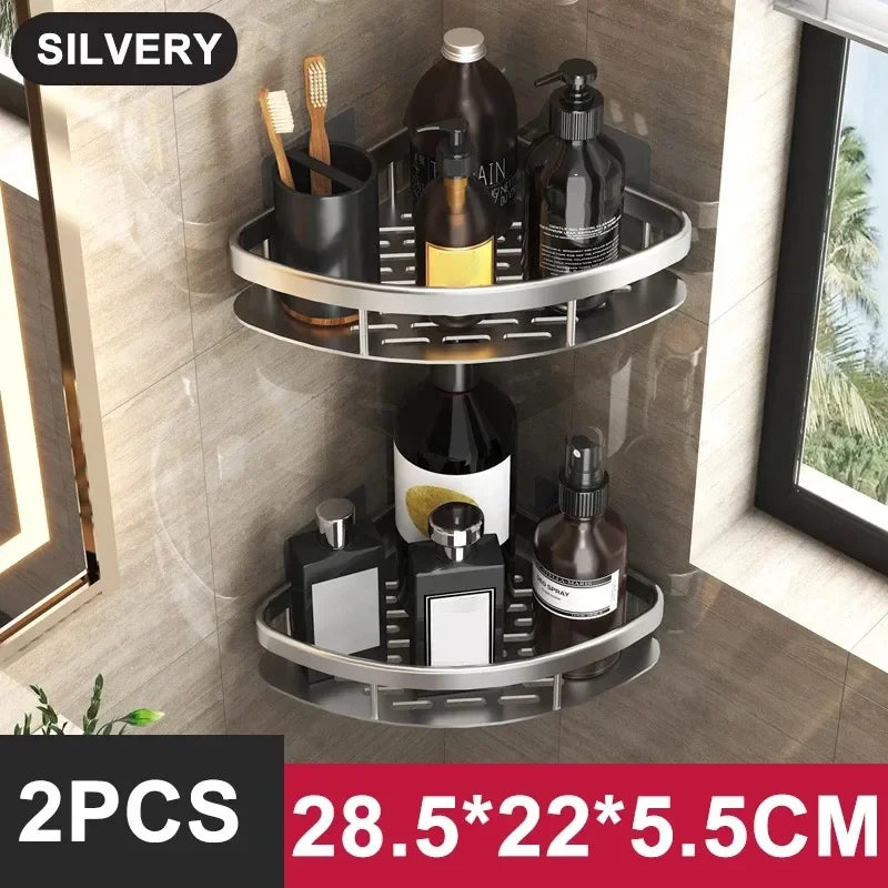 No-Drill Aluminum Bathroom & Kitchen Shelf – Wall-Mounted Shower & Storage Organizer