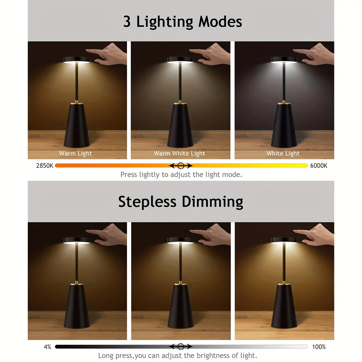 Cordless USB Rechargeable Table Lamp with 3 Dimmable Colors and Touch Control LED Bedside Lamp