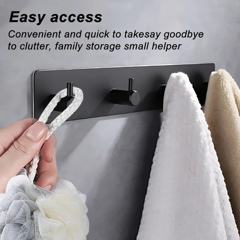 Stainless Steel Bathroom Hardware Set - Black & Silver Adhesive Towel, Clothes, and Robe Rack