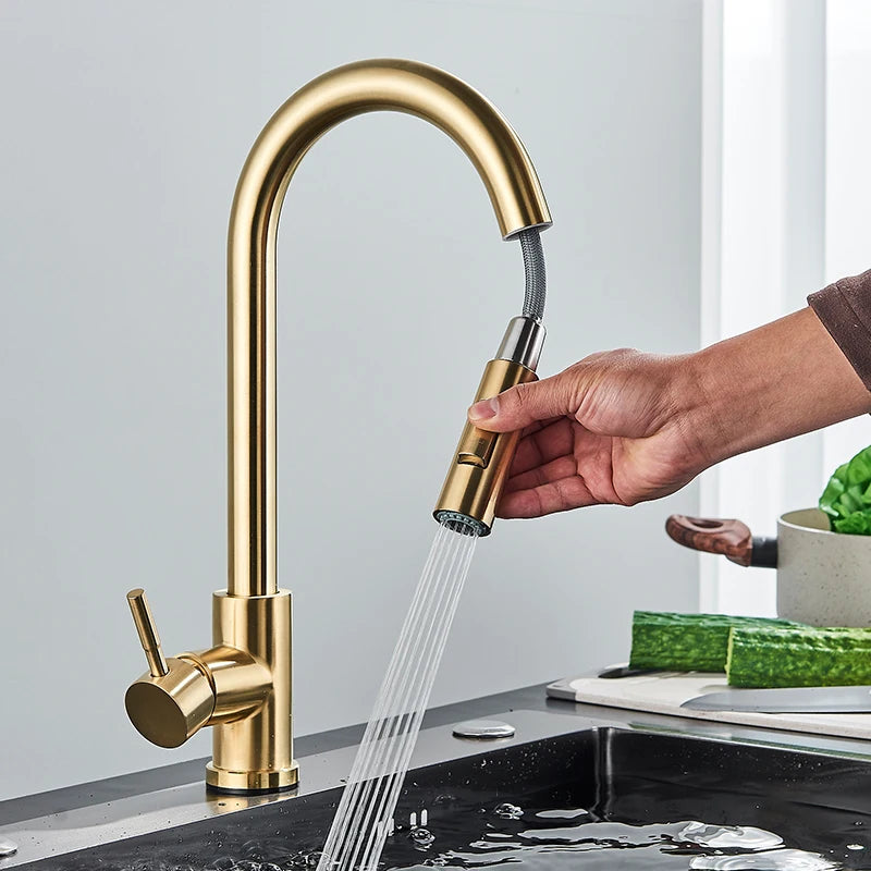 Brushed Gold Pull Out Kitchen Faucet Single Handle Mixer Tap 360° Rotation