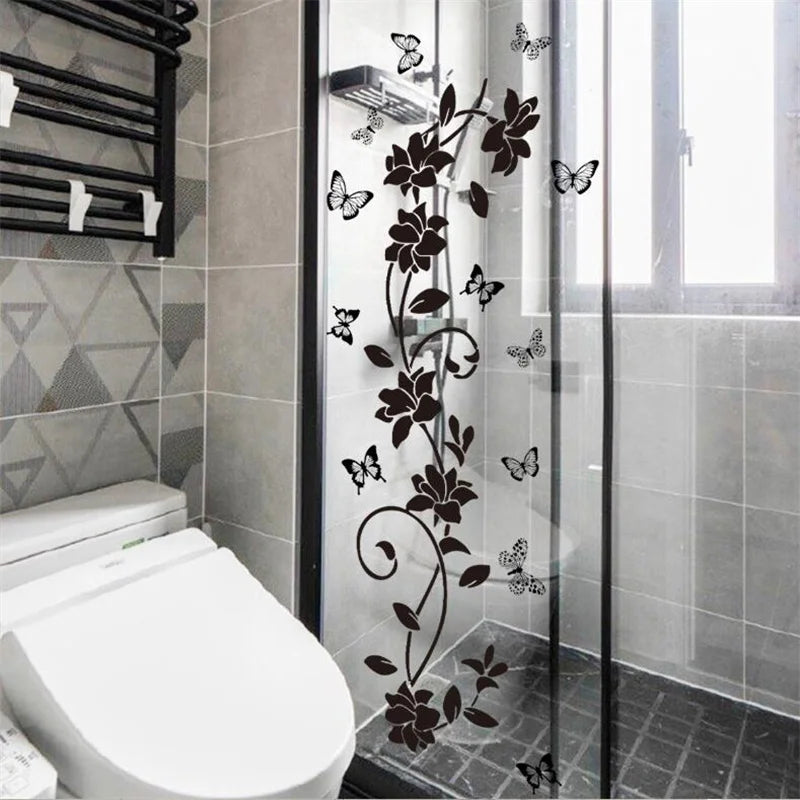 Black Floral Butterfly Wall Sticker – Self-Adhesive Bathroom Door, Bathtub, Bedroom Background Decor