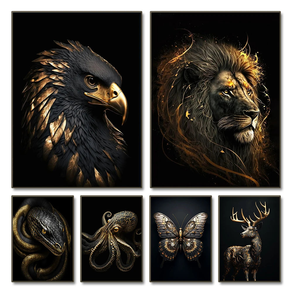 Black Gold Eagle Lion Canvas Painting Metal Poster Wall Art