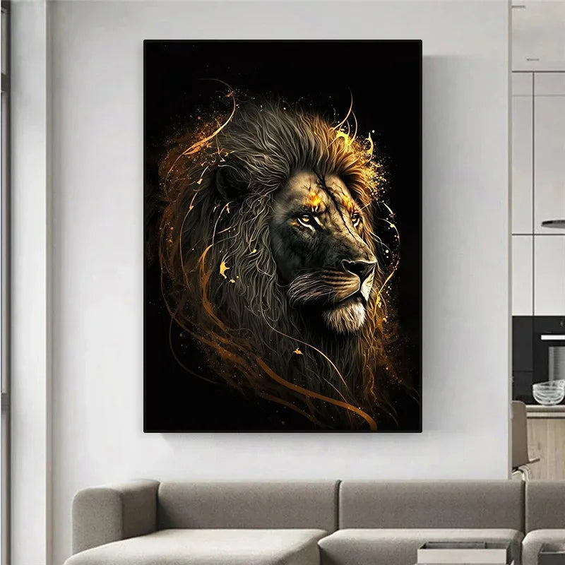 Black and Golden Light Lion Canvas Poster – Modern Animal Wall Art for Living Room