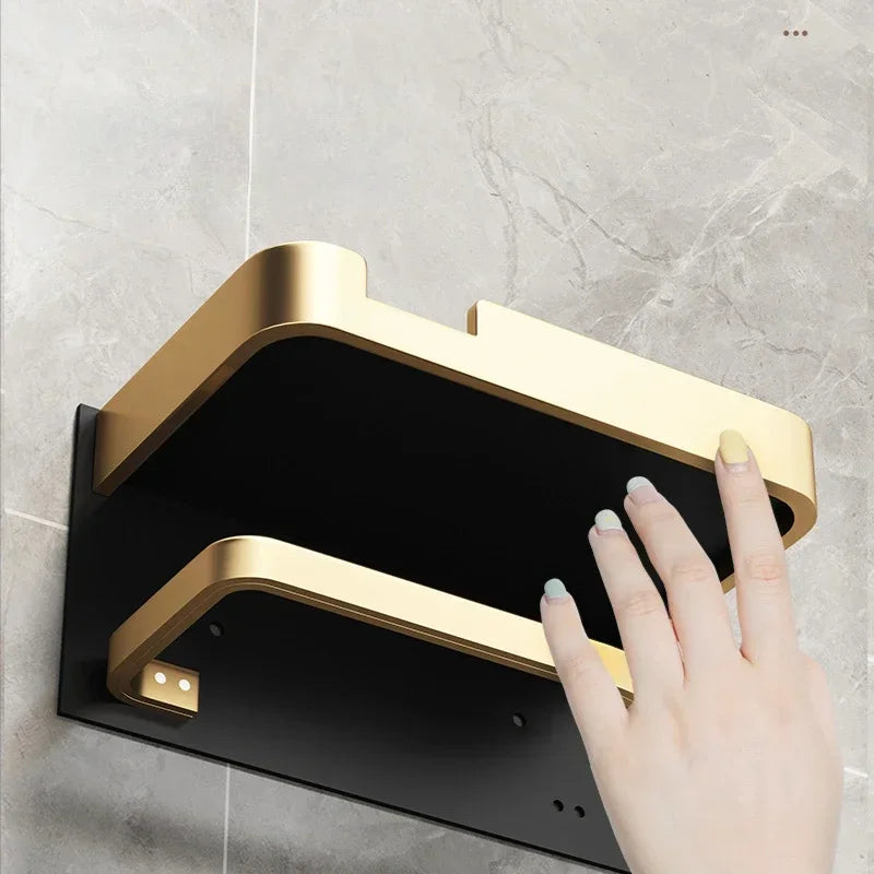 Black & Gold Wall-Mounted Toilet Paper Holder – Multifunctional Bathroom Shelf for Paper Roll & Phone Storage