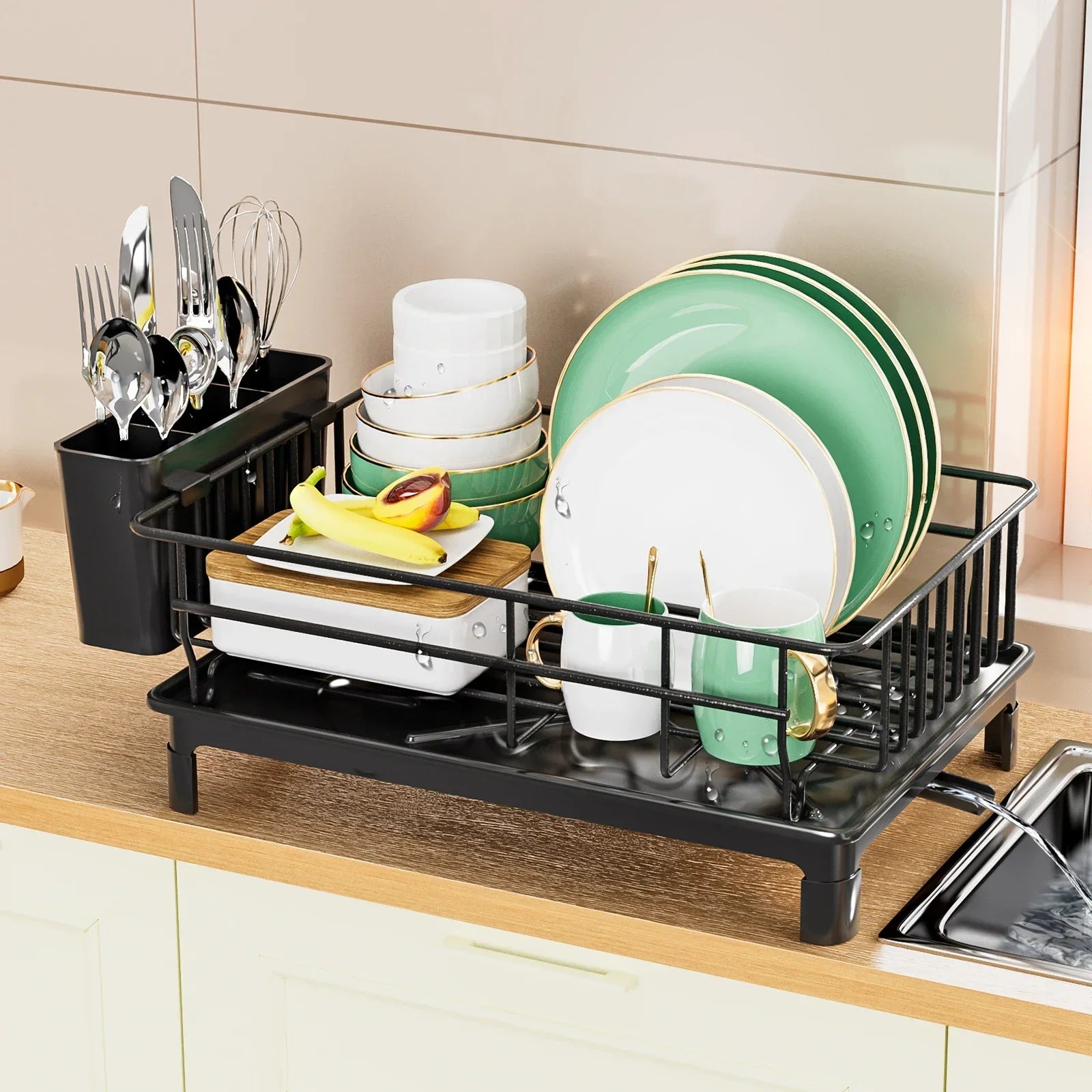 Dish Drying Rack with Drain Tray – Kitchen Countertop Organizer with Cutlery & Cup Holder