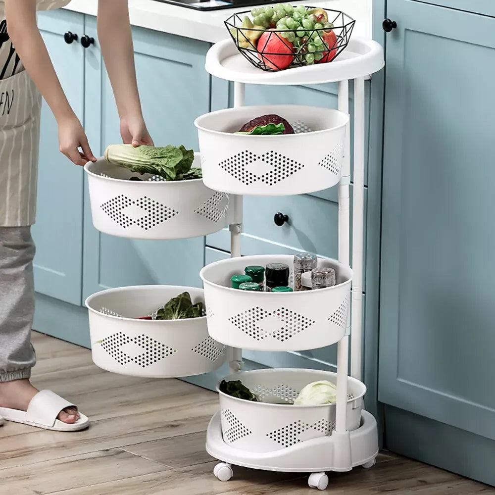 5-Layer Kitchen Rotating Organizer Rack – Fruit & Vegetable Storage Basket with Wheels