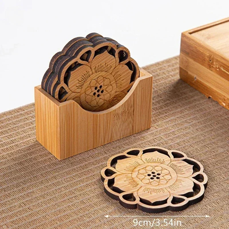 Creative Lotus Flower Drink Coasters – Bamboo Round Cup Mats for Tea, Coffee, & Mug Placemat