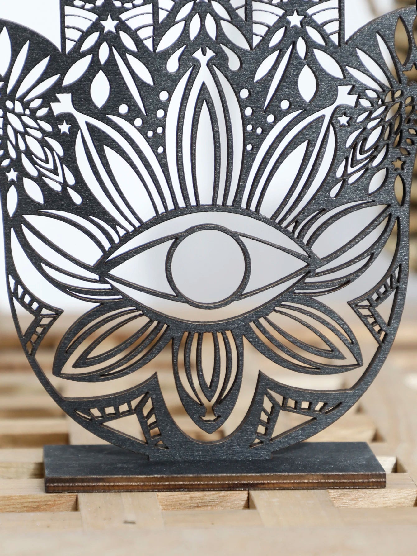 Black Wooden Desk Decor Hamsa Hand & Evil Eye – Home & Office Table Decoration, Hollow Out Desk Accessories