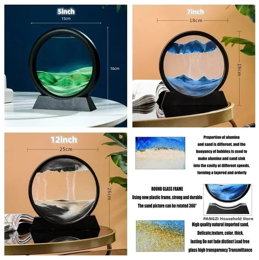 3D Moving Sand Art Picture – Round Glass Deep Sea Sandscape Hourglass for Home & Office Decor