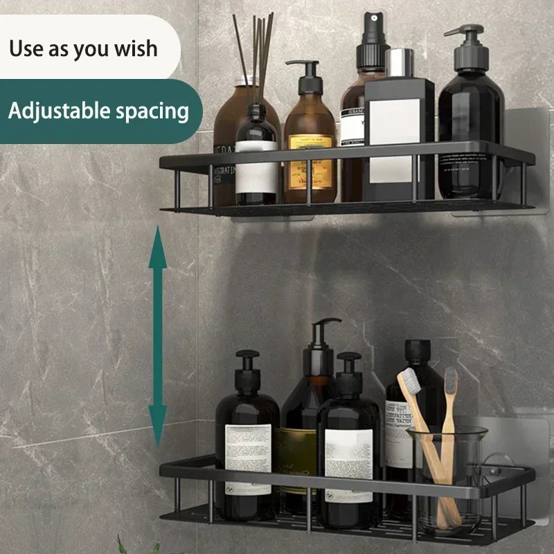 No-Drill Aluminum Bathroom & Kitchen Shelf – Wall-Mounted Shower & Storage Organizer