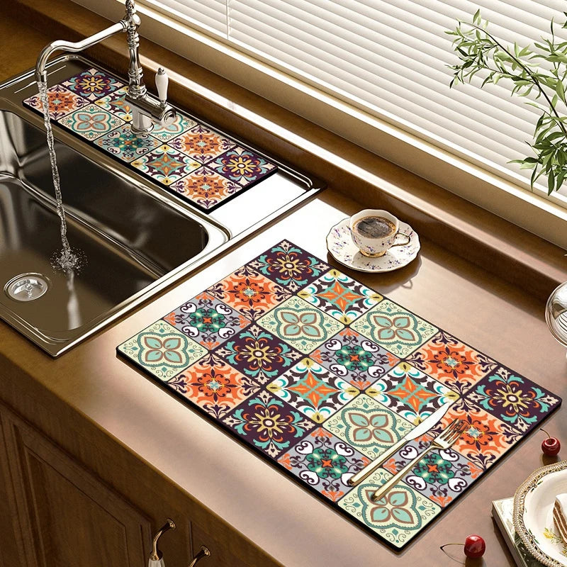 Retro-Style Absorbent Dish Drying Mat – Crystal Velvet Drainage Pad for Kitchen & Bathroom