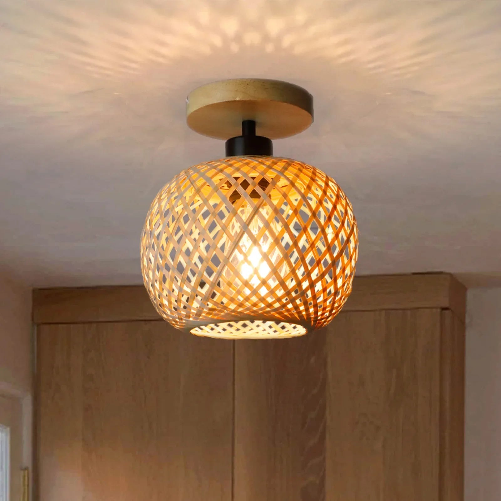 Retro Bamboo Woven Ceiling Lamp – Decorative E27 Light Fixture for Corridor and Living Room