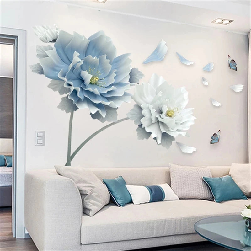 3D White & Blue Lotus Flower Wall Stickers – Removable Butterfly Decals for Home Décor