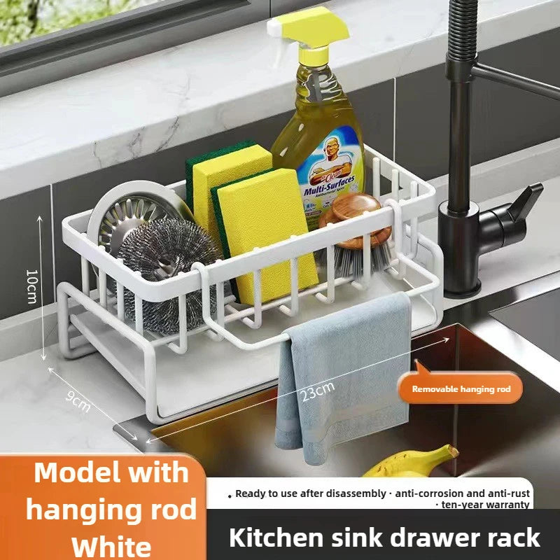 Carbon Steel Kitchen Sink Drain Rack – Sponge & Faucet Storage Organizer