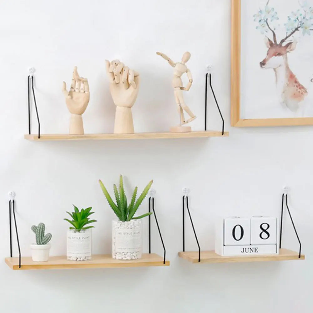 Floating Wall Shelf – Decorative Wooden Storage Rack with Metal Brackets