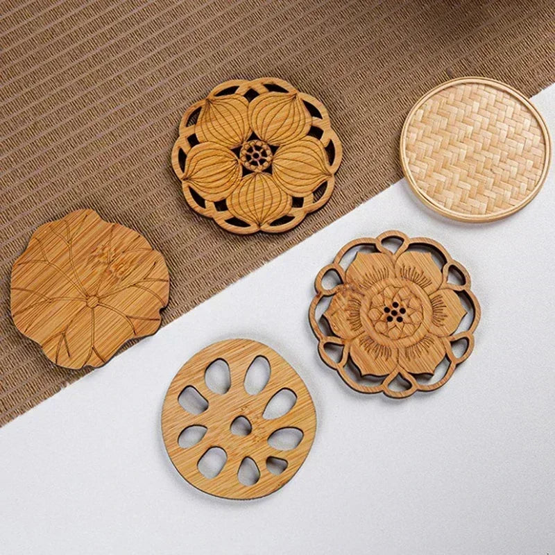 Creative Lotus Flower Drink Coasters – Bamboo Round Cup Mats for Tea, Coffee, & Mug Placemat