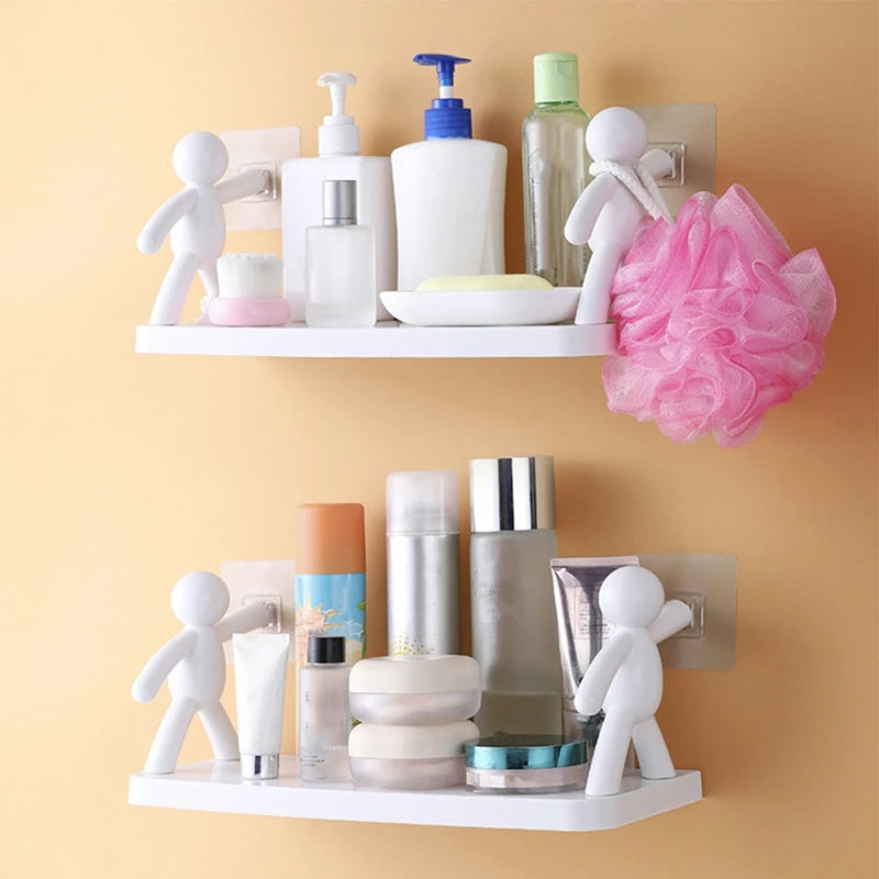 Creative Bathroom Storage Shelves - Cute Doll Design, Self-Adhesive Storage Rack for Cosmetics and Accessories