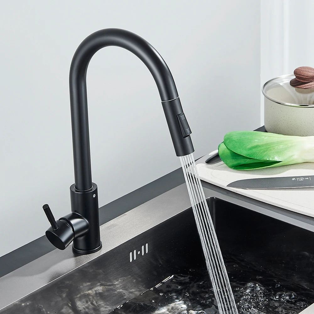 Black Kitchen Faucet Two Function Single Handle Pull Out Hot and Cold Water Taps with Deck Mounted